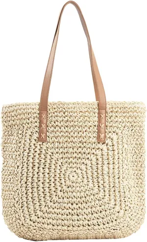 Straw Beach Bags for Women Summer Beach Tote Bag With Zipper Large Soft Woven Straw Shoulder Summer Vacation Purse