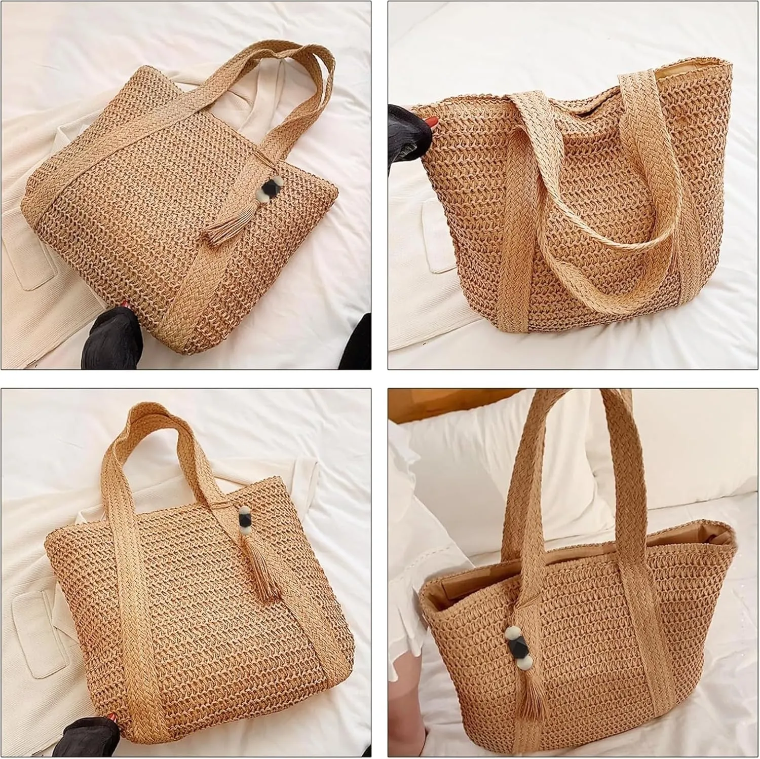 Straw Beach Bags for Women Summer Woven Tote Bag with Zipper Shoulder Handbag Boho Straw Purse Large Beach Bag