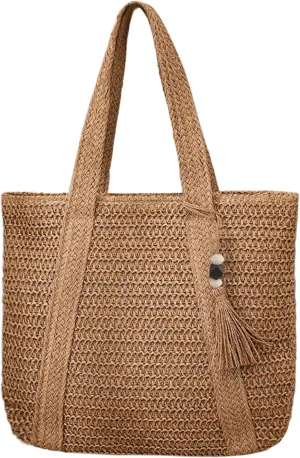 Straw Beach Bags for Women Summer Woven Tote Bag with Zipper Shoulder Handbag Boho Straw Purse Large Beach Bag