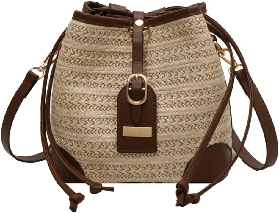 Straw Bucket Purse for Women Retro Vacation Shoulder Bag Summer Beach Hobo Handbag Small Woven Cross-body Bag 2025