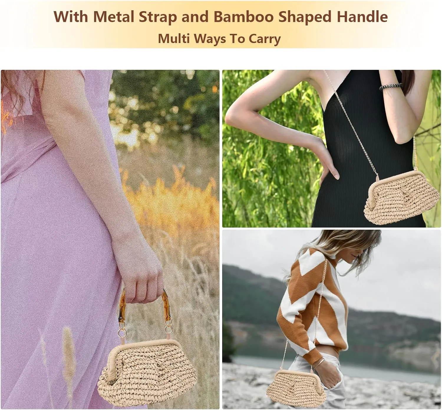 Straw Clutch Purse for Women 2024 Straw Woven Handbags with Bamboo Shaped Handle Summer Beach Dumpling Bag Crossbody Pouch