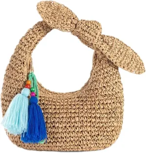 Straw Clutch Purse with Bow Top Handle Bag Summer Straw Handbag Beach Woven Evening Bag for Parties Wedding Travel