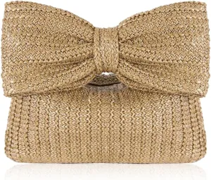Straw Clutch Purses for Women, Straw Handbag Lady with Bow Woven Clutch Bag for Beach Vacation