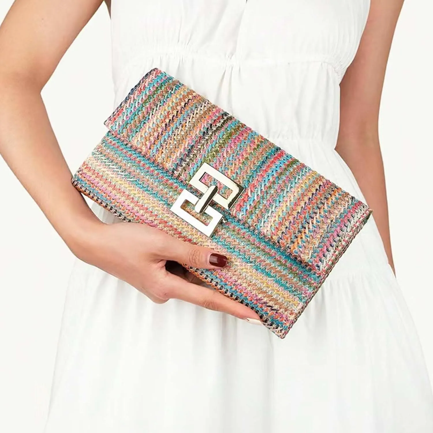 Straw Clutch Purses Women Summer Beach Handbags Woven Envelope Purse Wicker Rattan Evening Bag