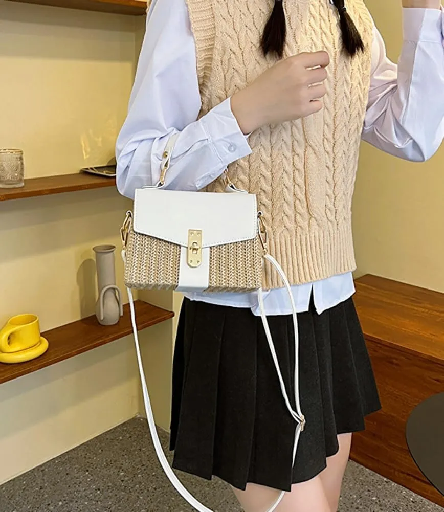 Straw Crossbody Bags for Women Hand Woven Shoulder Bag Leather Top Handle Fashion Summer Purses Vacation Handbags