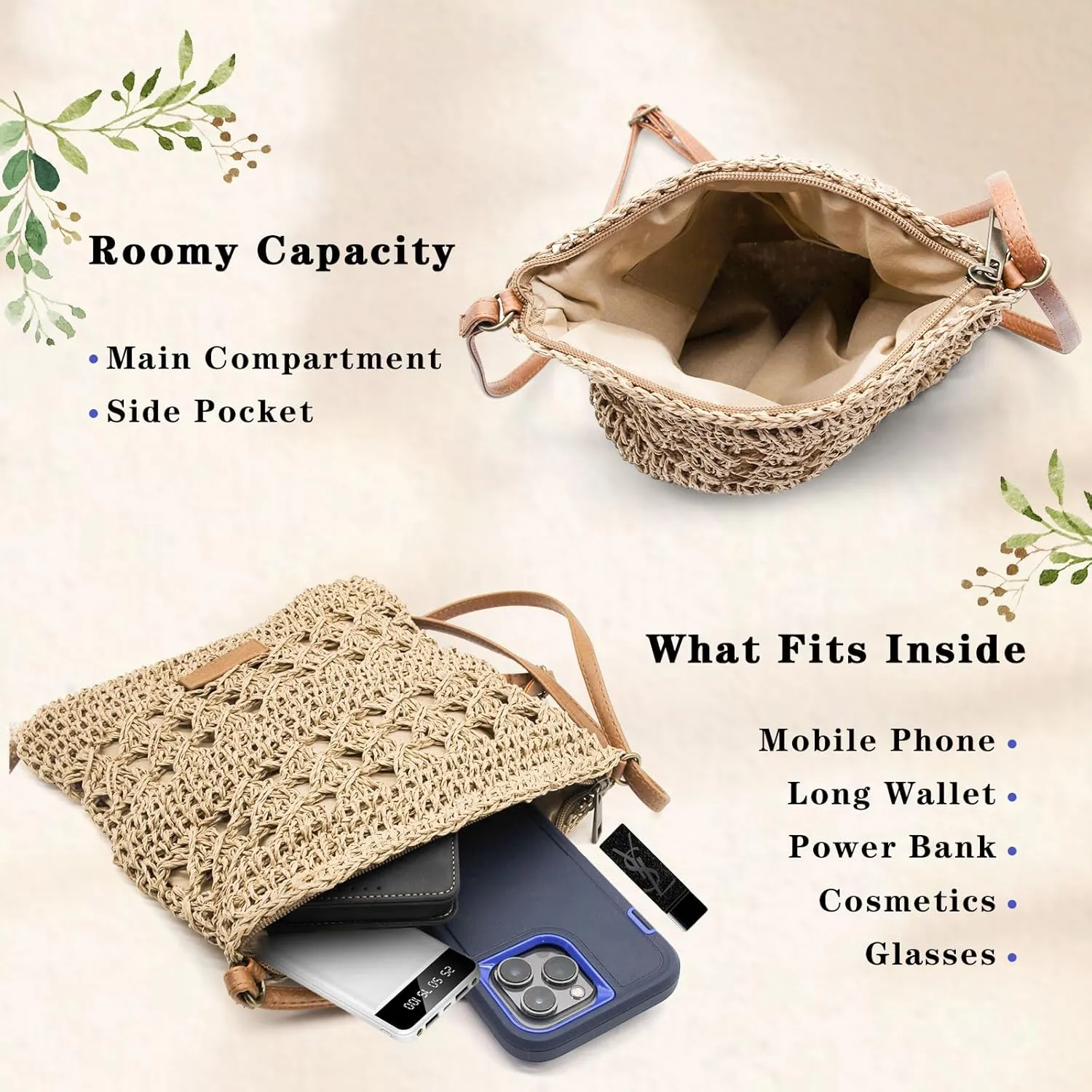 Straw Crossbody Bags for Women Small Summer Beach Bag Boho Handmade Weave Shoulder Handbag Purse for Vacation Travel