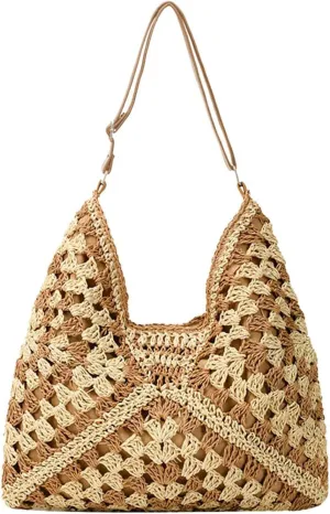 Straw Hobo Bags for Women 2025 Summer Straw Purses Beach Bag Vintage Handmade Woven Shoulder Bag Hollow Handbag for Travel