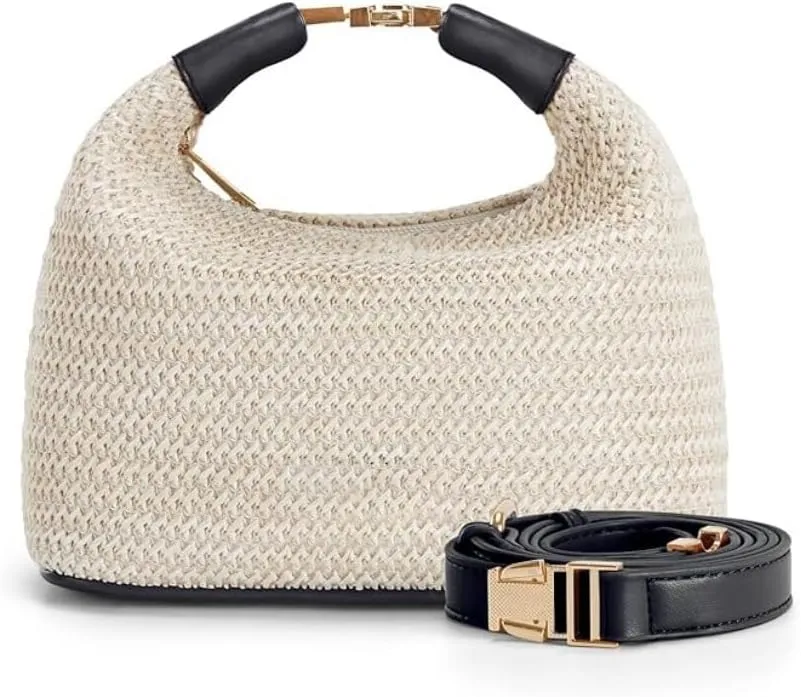 Straw Hobo Handbag with Leather Trim, Summer Beach Tote Shoulder Bag with Adjustable Strap, Beige