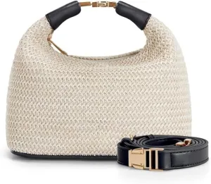 Straw Hobo Handbag with Leather Trim, Summer Beach Tote Shoulder Bag with Adjustable Strap, Beige