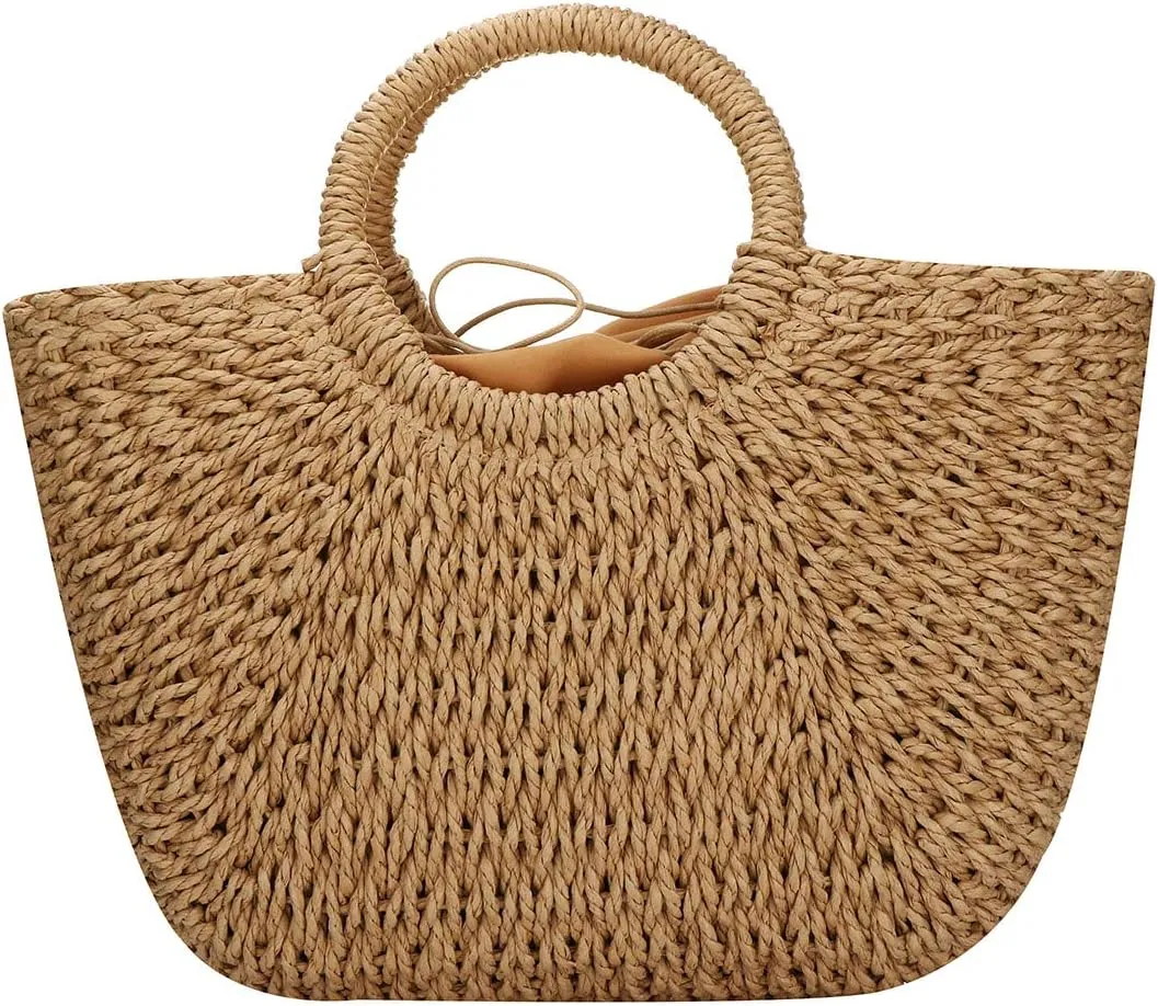 Straw Tote Bag for Women Large Woven Beach Bag Round Handle Ring Tote Retro Purse Hobo Summer Beach Bag