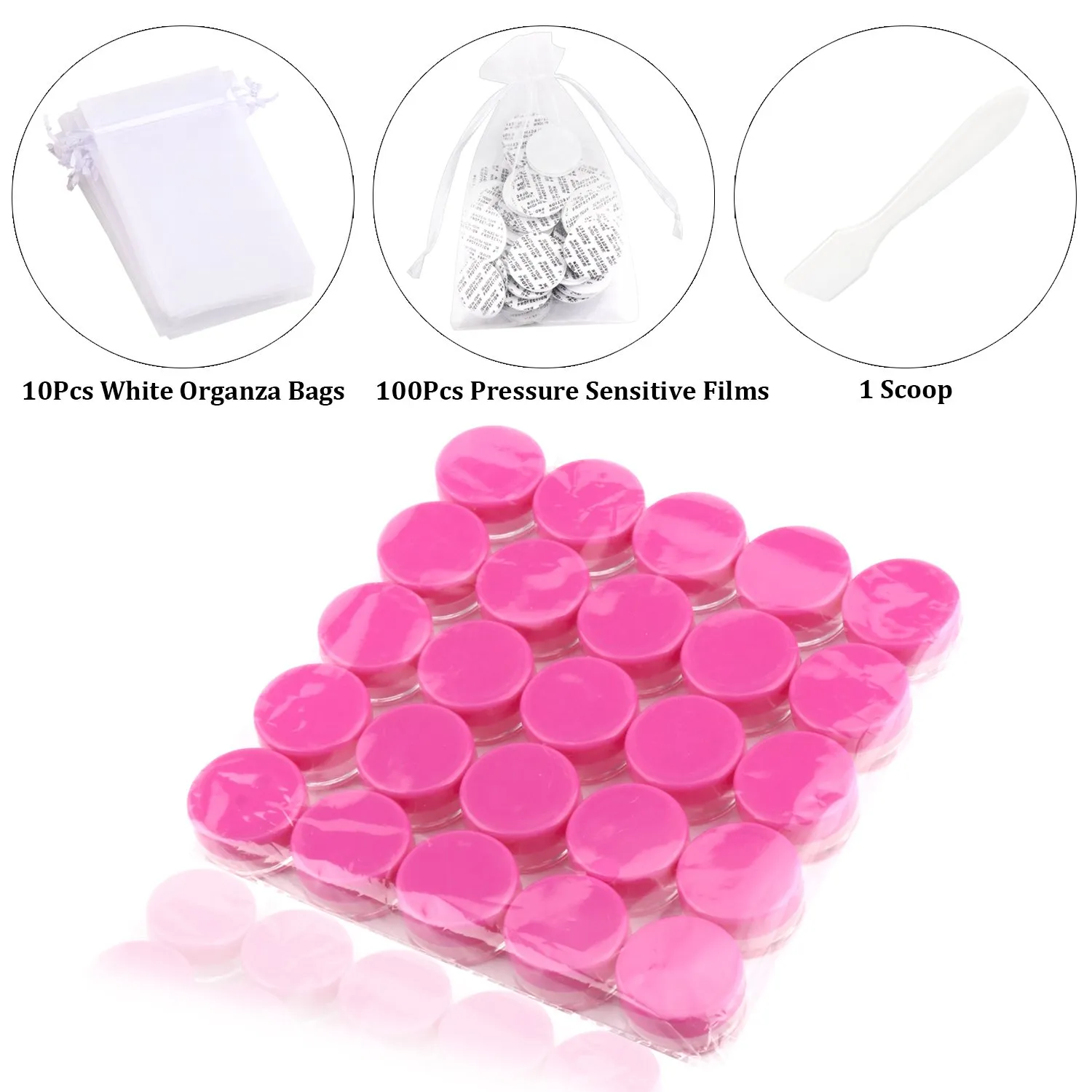 SumDirect 5 Gram Cosmetic Containers - 100Pcs Sample Jars with Hotpink Lids, Small Plastic Makeup Sample Containers with Organza 10 Pcs Bags and a Scoop