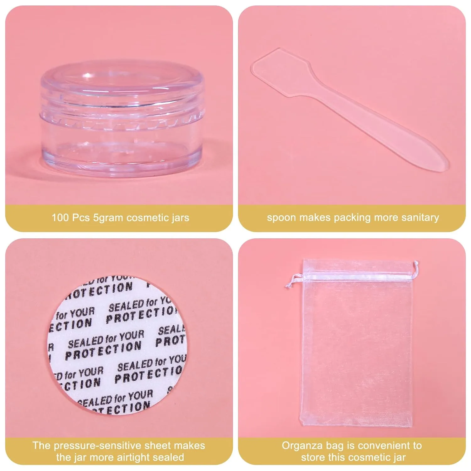 SumDirect 5 Gram Cosmetic Containers - 100Pcs Sample Jars with Lids, Small Plastic Makeup Sample Containers with 10 Pcs Organza Bags and a Scoop
