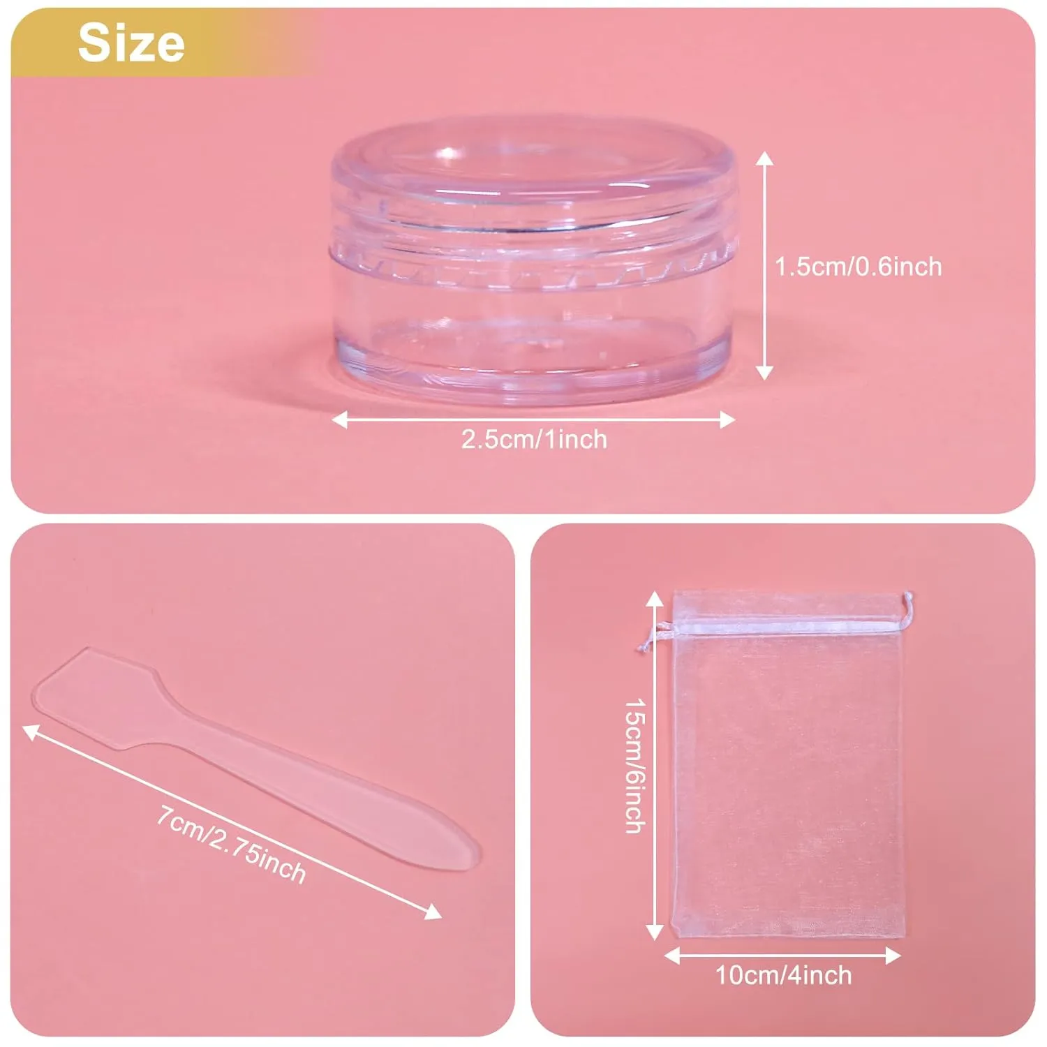 SumDirect 5 Gram Cosmetic Containers - 100Pcs Sample Jars with Lids, Small Plastic Makeup Sample Containers with 10 Pcs Organza Bags and a Scoop