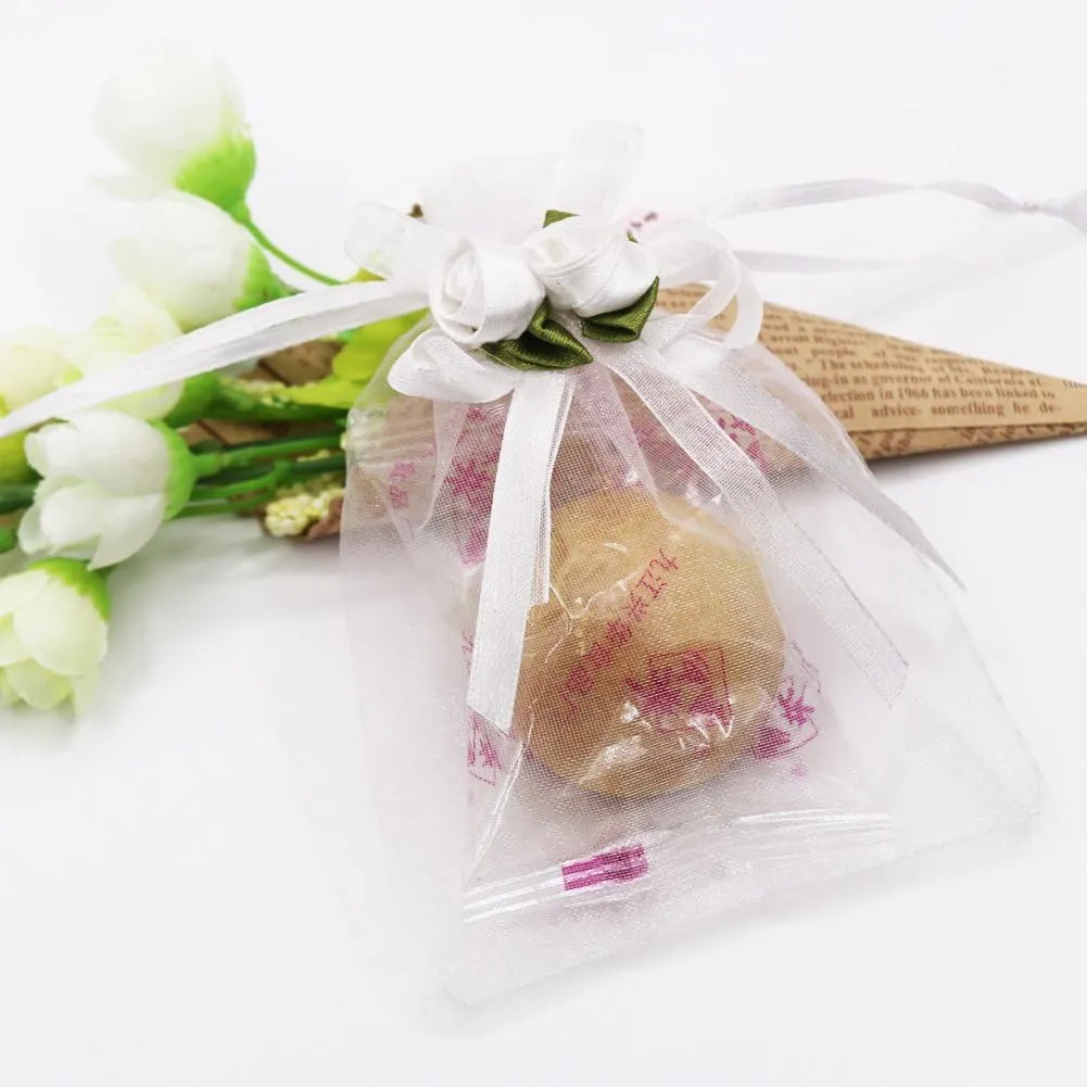 SumDirect Rose Organza Gift Bags - 50Pcs 4x5 inch White Wedding Favor Gift Bags, Jewelry Pouches with Drawstring for Party Wedding Christmas Valentine