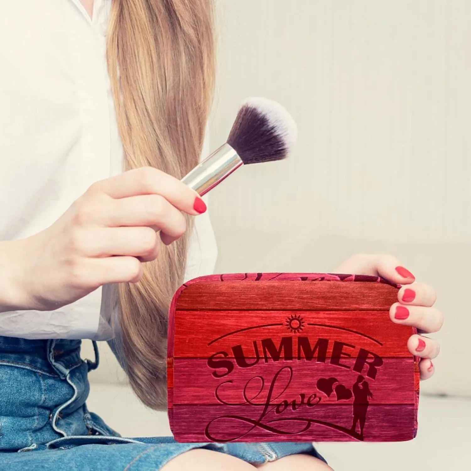 Summer Love Carved Wood Board Small Makeup Bag for Purse, Portable Cosmetic Bag Zipper Makeup Pouch for Women, Stationery, Toiletries, Travel Accessories
