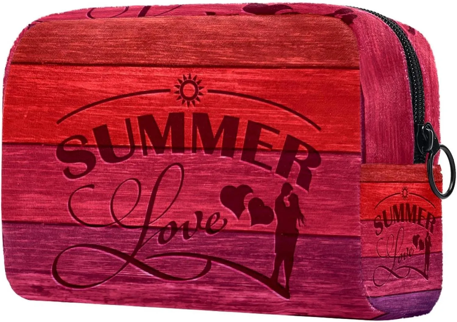 Summer Love Carved Wood Board Small Makeup Bag for Purse, Portable Cosmetic Bag Zipper Makeup Pouch for Women, Stationery, Toiletries, Travel Accessories