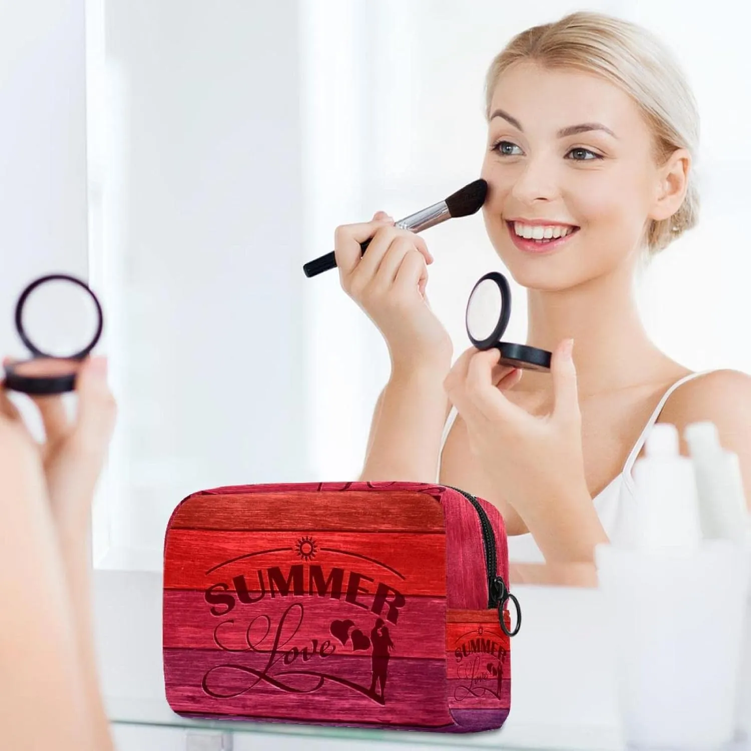 Summer Love Carved Wood Board Small Makeup Bag for Purse, Portable Cosmetic Bag Zipper Makeup Pouch for Women, Stationery, Toiletries, Travel Accessories