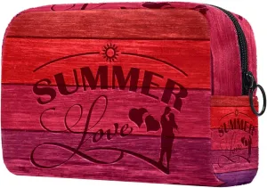 Summer Love Carved Wood Board Small Makeup Bag for Purse, Portable Cosmetic Bag Zipper Makeup Pouch for Women, Stationery, Toiletries, Travel Accessories