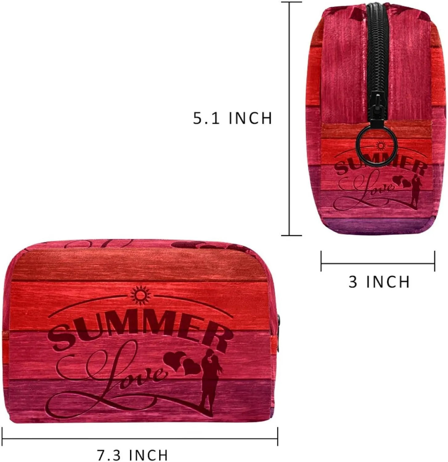Summer Love Carved Wood Board Small Makeup Bag for Purse, Portable Cosmetic Bag Zipper Makeup Pouch for Women, Stationery, Toiletries, Travel Accessories