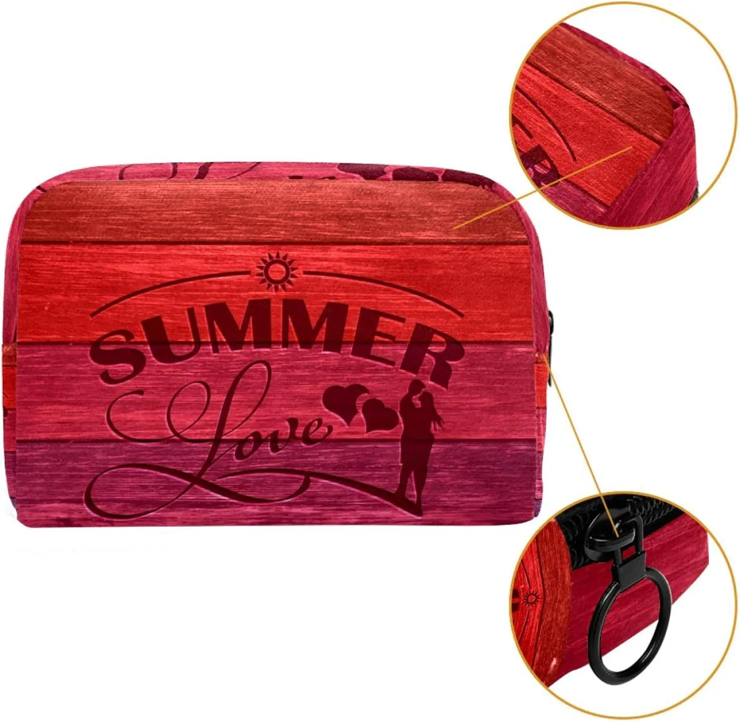 Summer Love Carved Wood Board Small Makeup Bag for Purse, Portable Cosmetic Bag Zipper Makeup Pouch for Women, Stationery, Toiletries, Travel Accessories