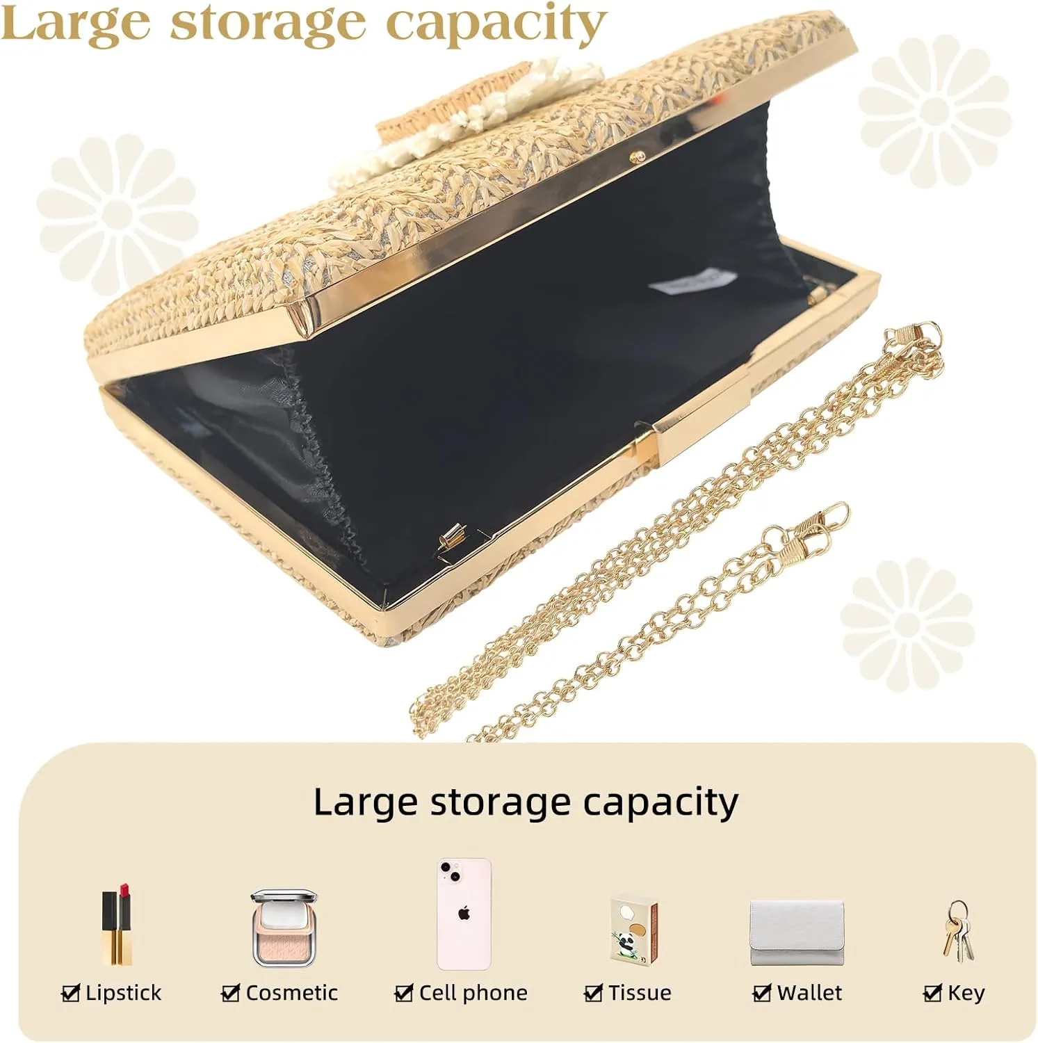 Summer Straw Clutch Purses for Women, Raffia Woven Crossbody Handbags, Evening Bag for Party Wedding