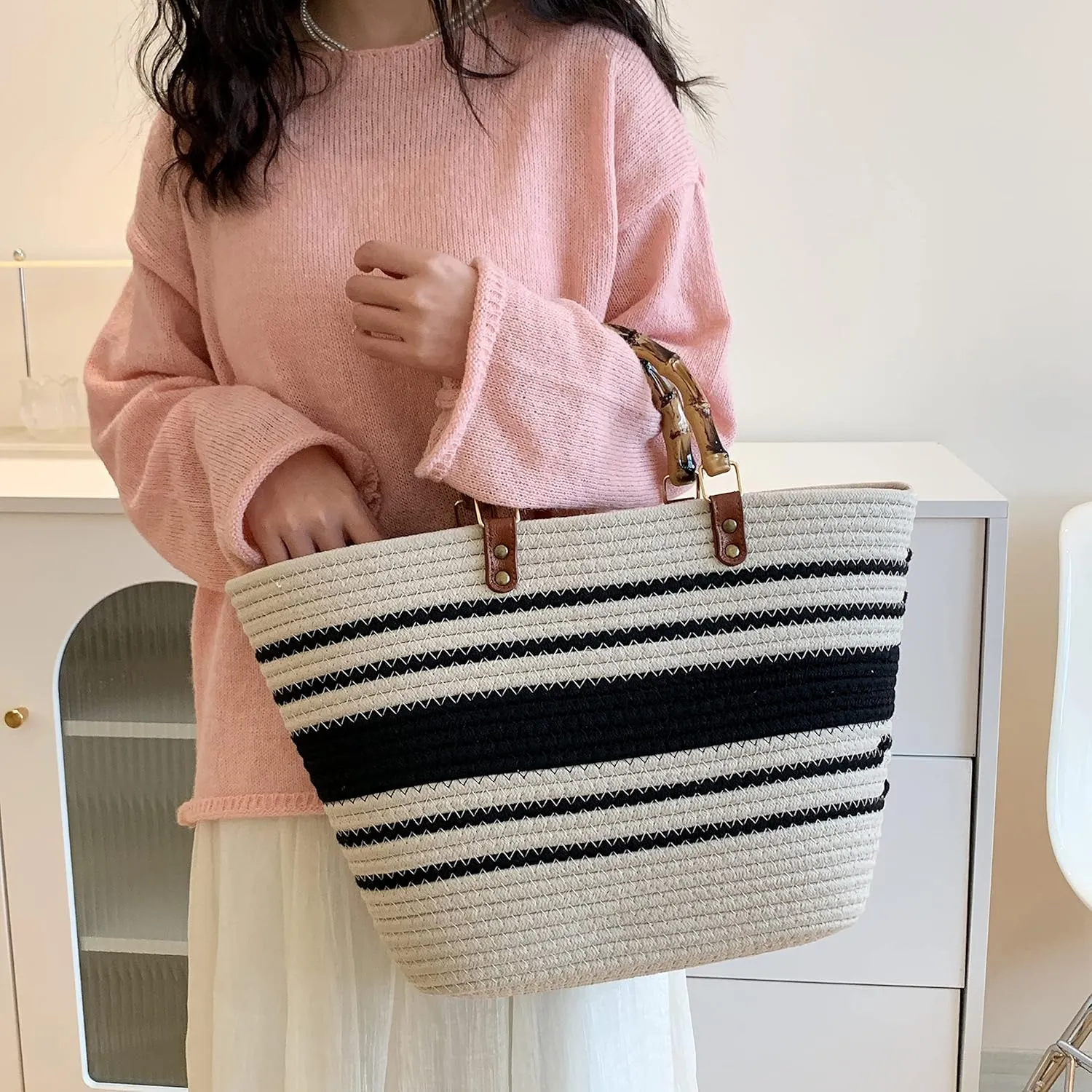 Summer Straw Handbags for Women Bamboo Handle Tote Bag Woven Beach Bags Vacation Purse