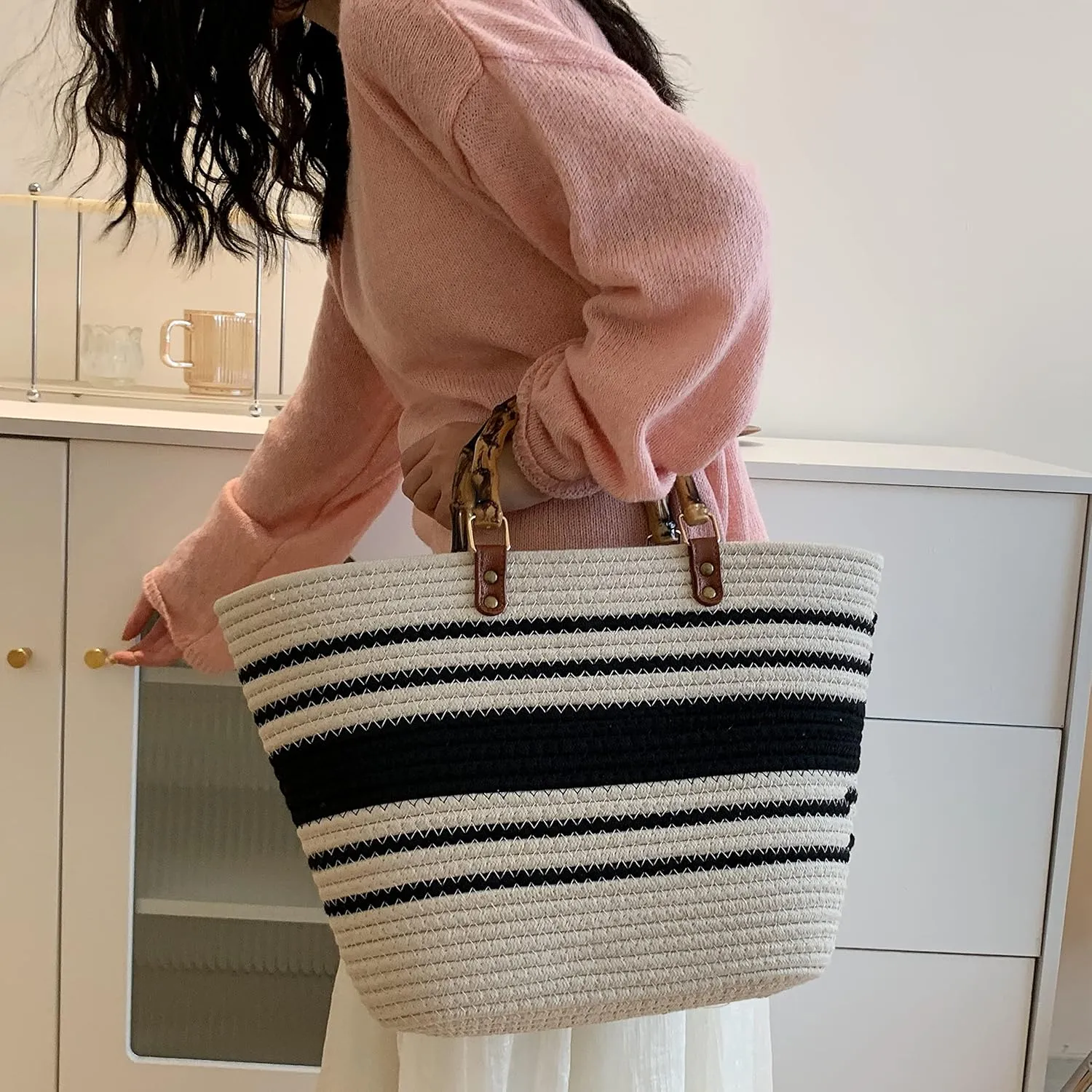 Summer Straw Handbags for Women Bamboo Handle Tote Bag Woven Beach Bags Vacation Purse