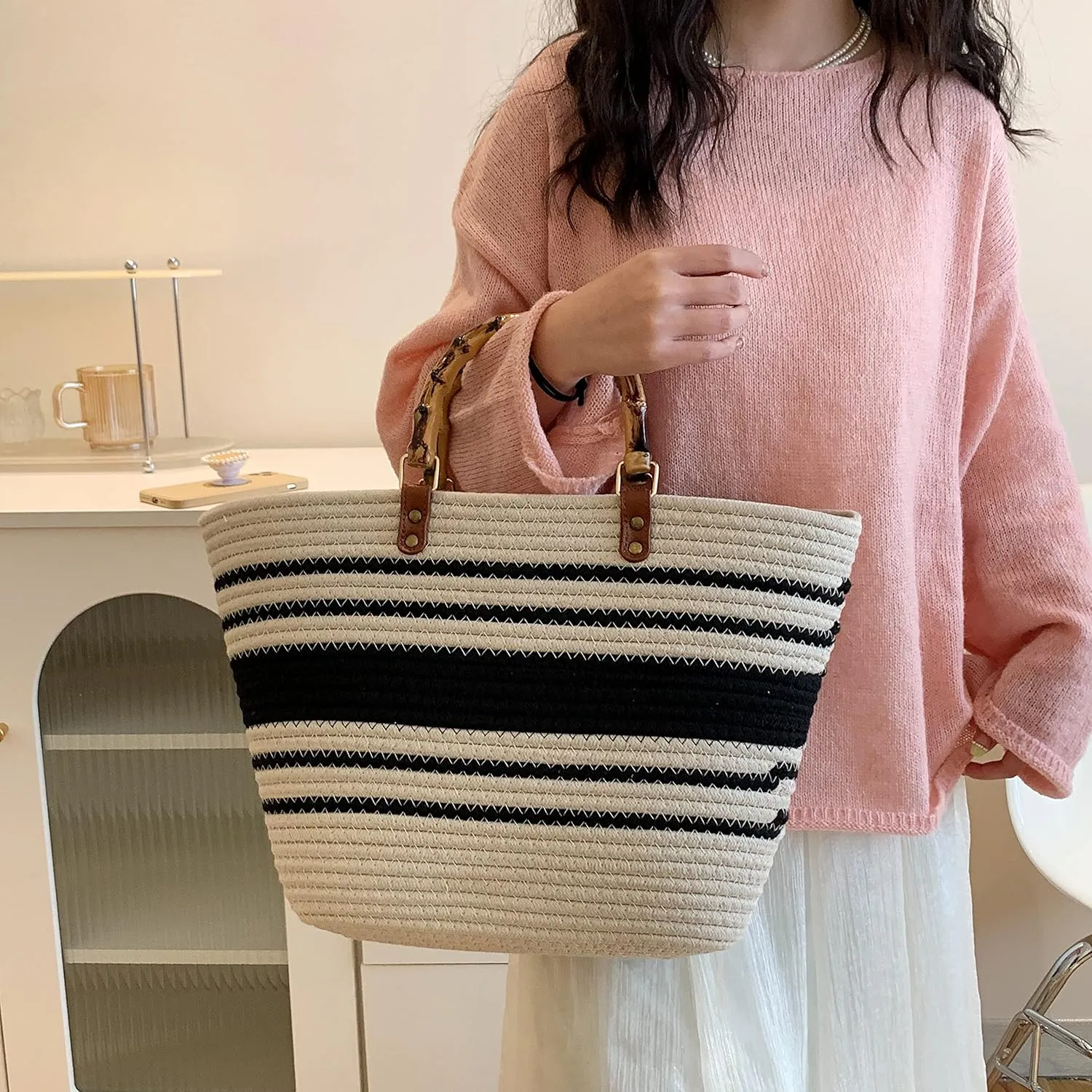 Summer Straw Handbags for Women Bamboo Handle Tote Bag Woven Beach Bags Vacation Purse