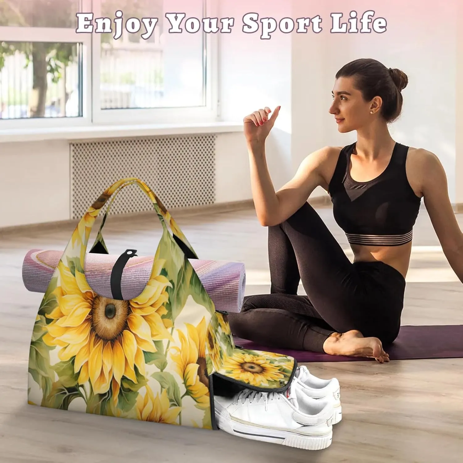 Sunny Sunflower Beauty Waterproof Gym Bag for Men Women, Sports Duffel Bag with Shoe Compartment Yoga Mat Holder, Portable Large Travel Bag for Fitness, Camping, Weekend Trips