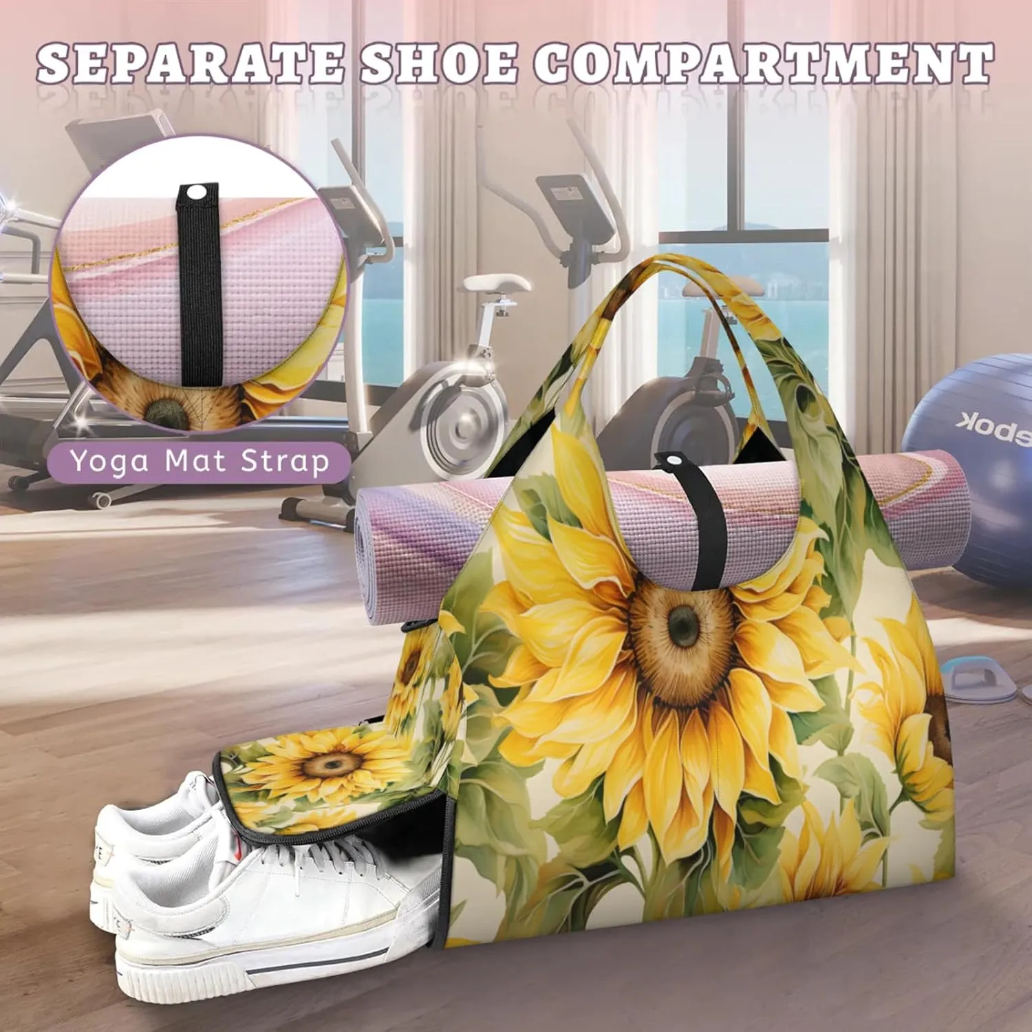 Sunny Sunflower Beauty Waterproof Gym Bag for Men Women, Sports Duffel Bag with Shoe Compartment Yoga Mat Holder, Portable Large Travel Bag for Fitness, Camping, Weekend Trips