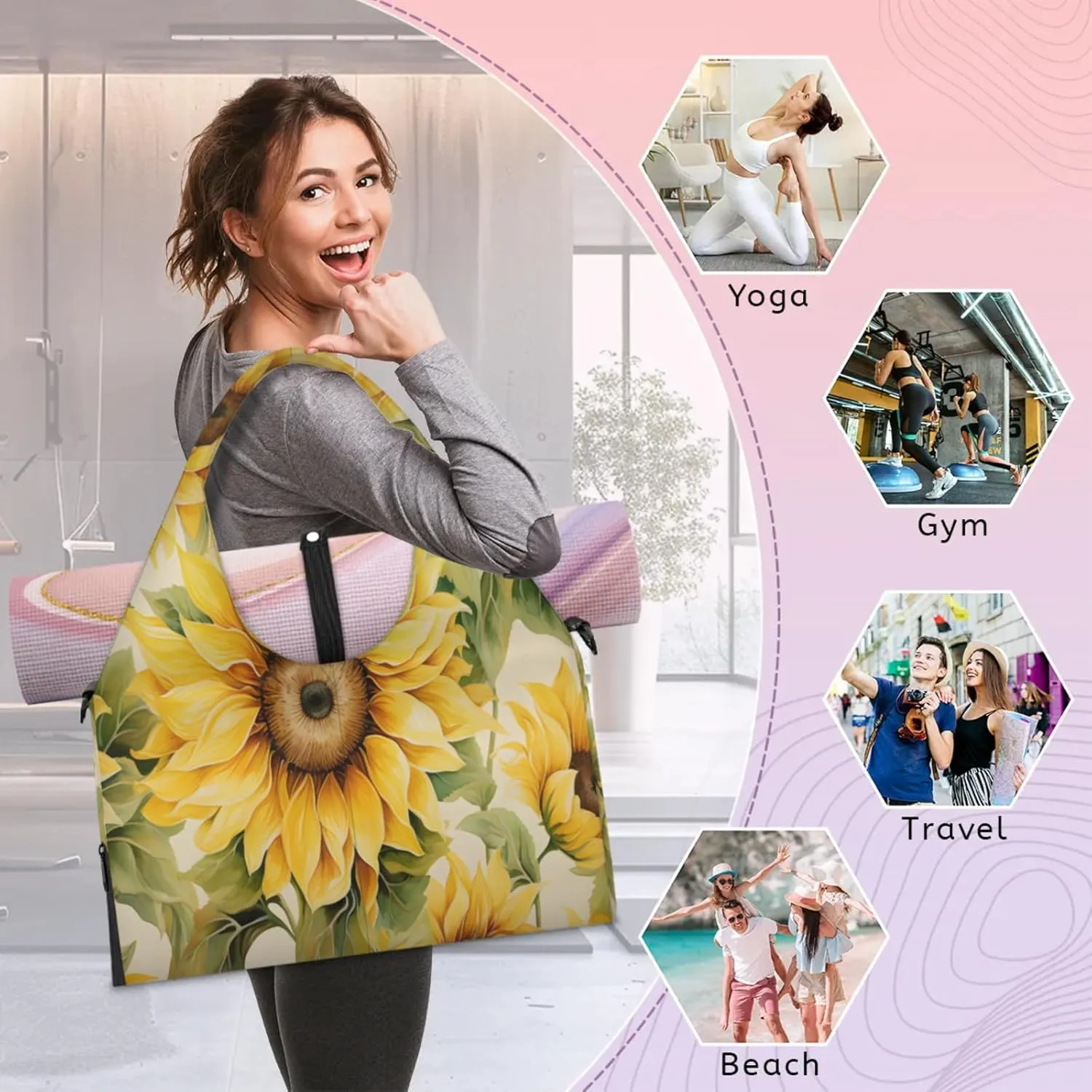 Sunny Sunflower Beauty Waterproof Gym Bag for Men Women, Sports Duffel Bag with Shoe Compartment Yoga Mat Holder, Portable Large Travel Bag for Fitness, Camping, Weekend Trips