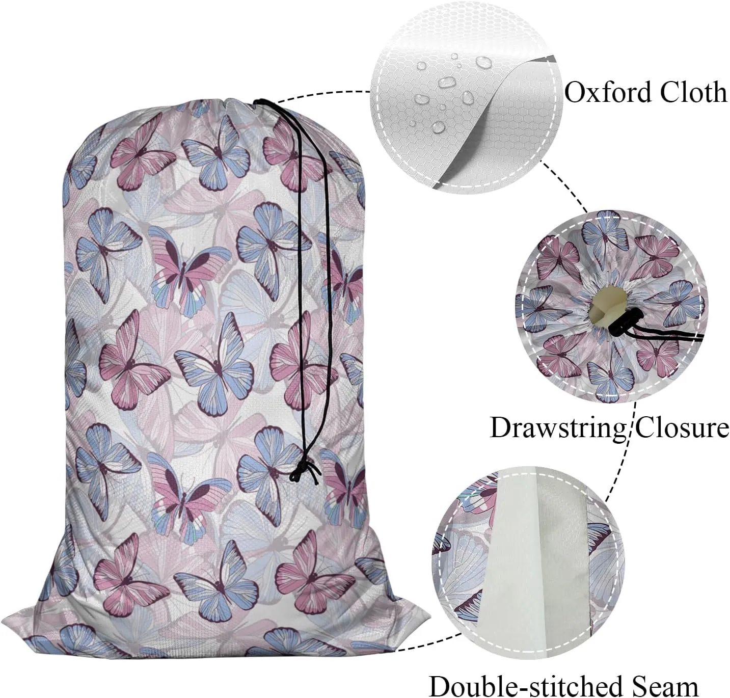 Swono Colorful Butterfly Drawstring Closure Dirty Clothes Bag Organizer, Heavy Duty Large Laundry Bag, Spring Beauty Flying Wing Travel Storage Bags for, Apartments, Vacations, College, Blue Rose