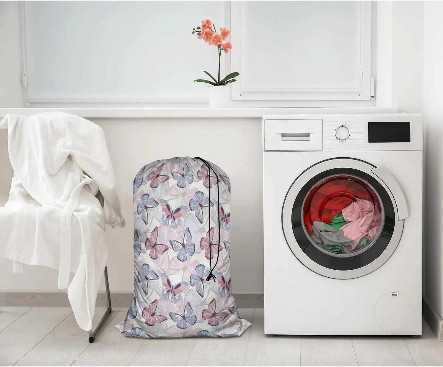 Swono Colorful Butterfly Drawstring Closure Dirty Clothes Bag Organizer, Heavy Duty Large Laundry Bag, Spring Beauty Flying Wing Travel Storage Bags for, Apartments, Vacations, College, Blue Rose