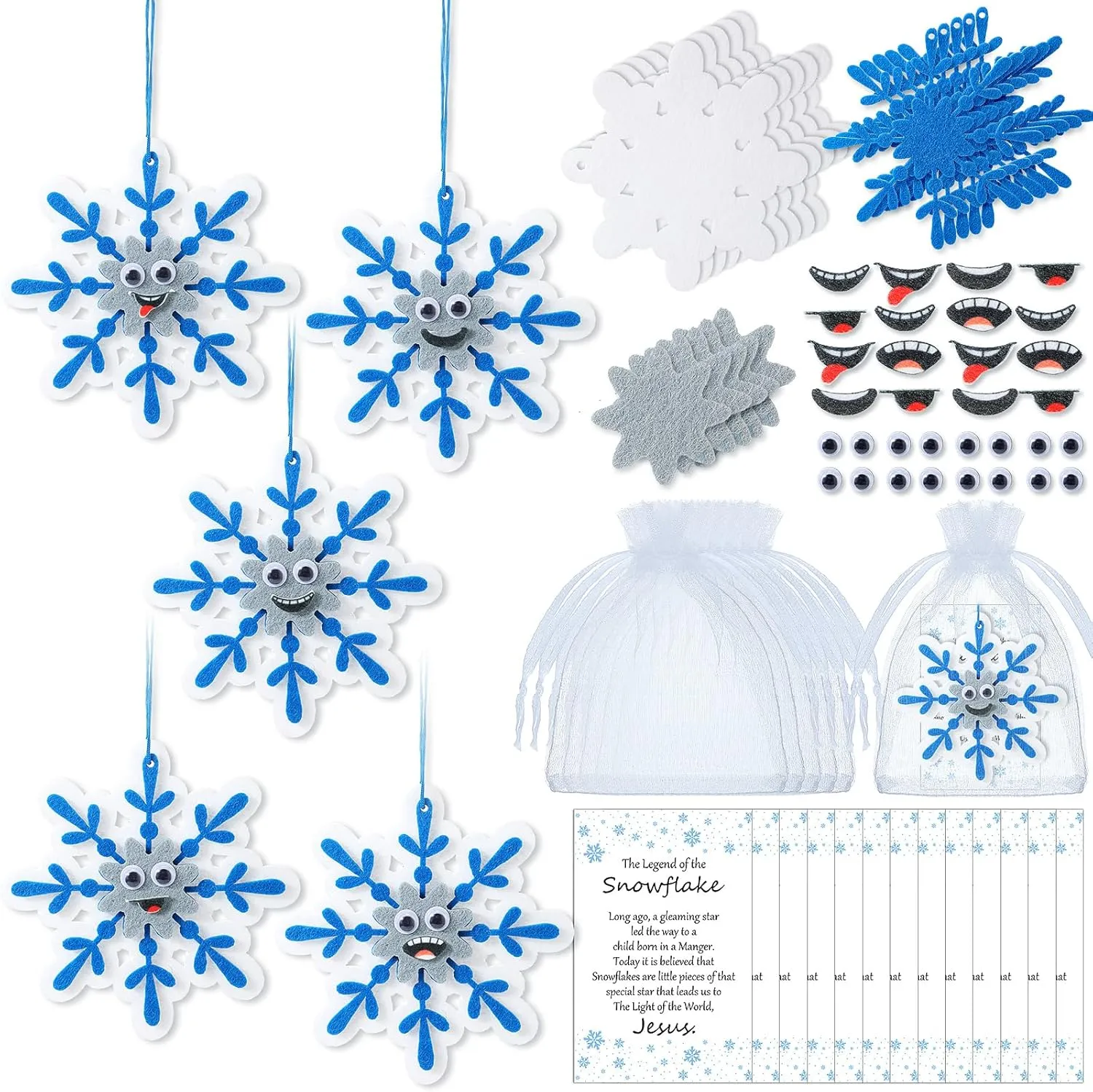 Syhood 25 Sets Winter Snowflake Crafts Kit DIY Snowflake Hanging Ornaments Fun Facial Expressions Cards and Bags New Year Holiday Home Classroom Activities Game Party Decoration
