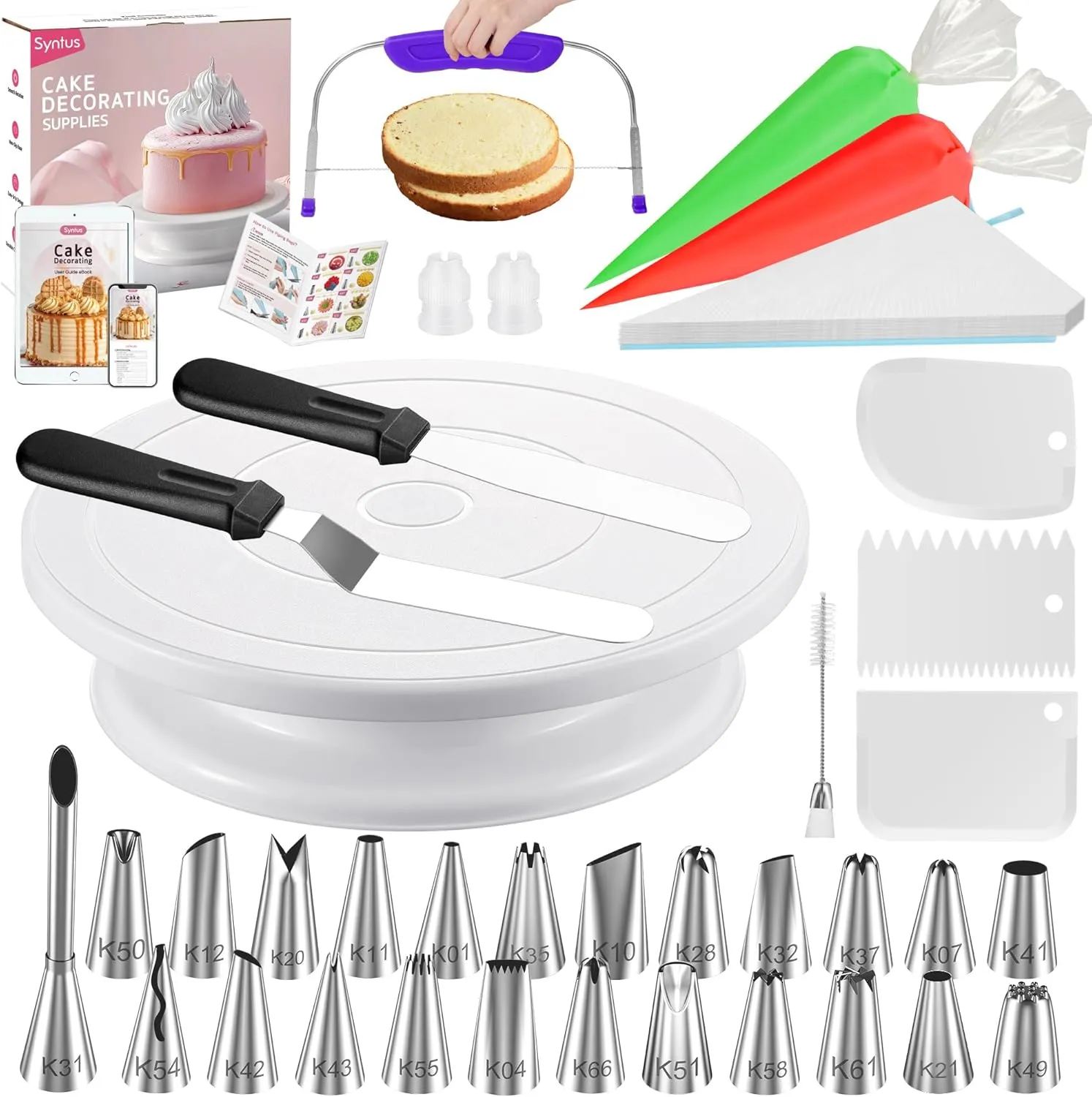 Syntus 65 PCs Cake Decorating Kit with Cake Stand Turntable, Cake Baking Supplies 30 1 Piping Bags, 24 Piping Tips, Offset & Straight Spatulas, 3 Scrapers, Leveler, 2 Couplers & 1 Tips Brush