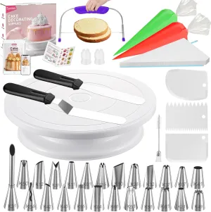 Syntus 65 PCs Cake Decorating Kit with Cake Stand Turntable, Cake Baking Supplies 30 1 Piping Bags, 24 Piping Tips, Offset & Straight Spatulas, 3 Scrapers, Leveler, 2 Couplers & 1 Tips Brush