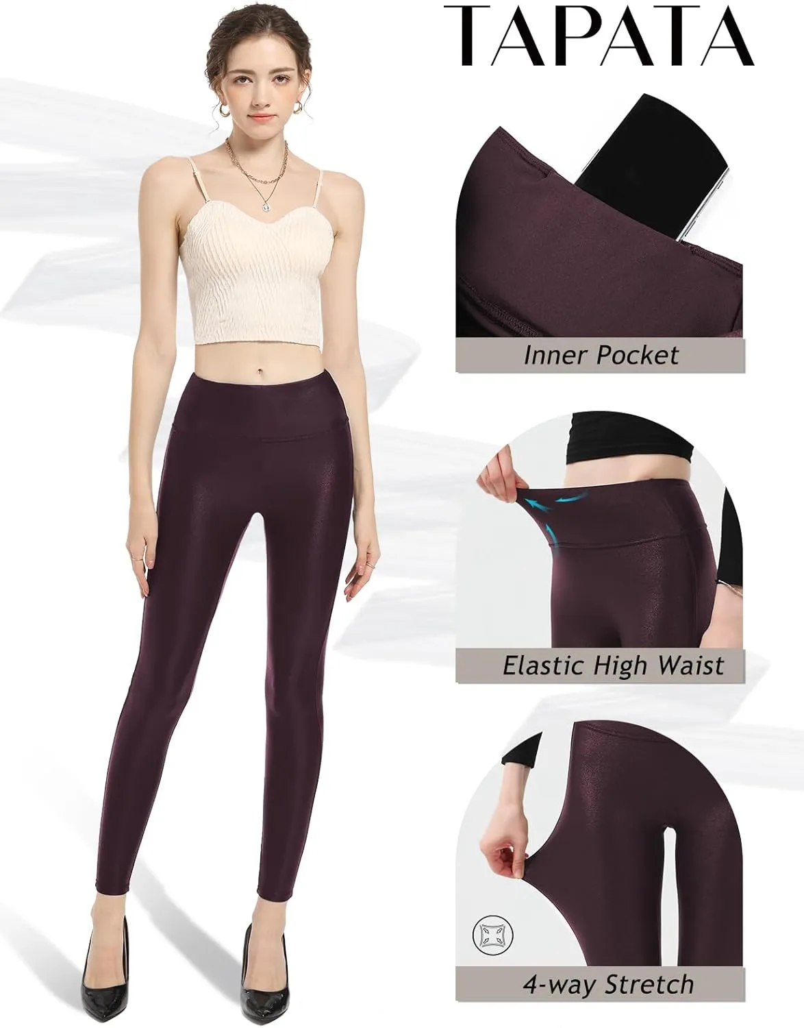 Tapata Petite Women's 25"/27"/29" Inseam Faux Leather Leggings High Waisted Pleather Yoga Pants