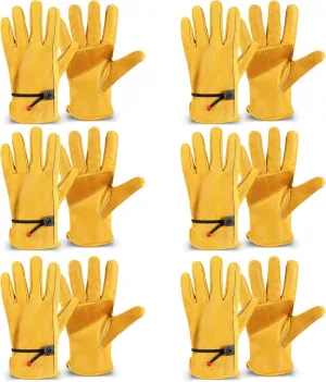 Tarpop 6 Pairs Men's Cowhide Leather Gloves Large Cowhide Leather Gardening Gloves with Reinforced Palm Stretchable Wrist Tough Working for Wood Cutting Construction Driving Garden Working