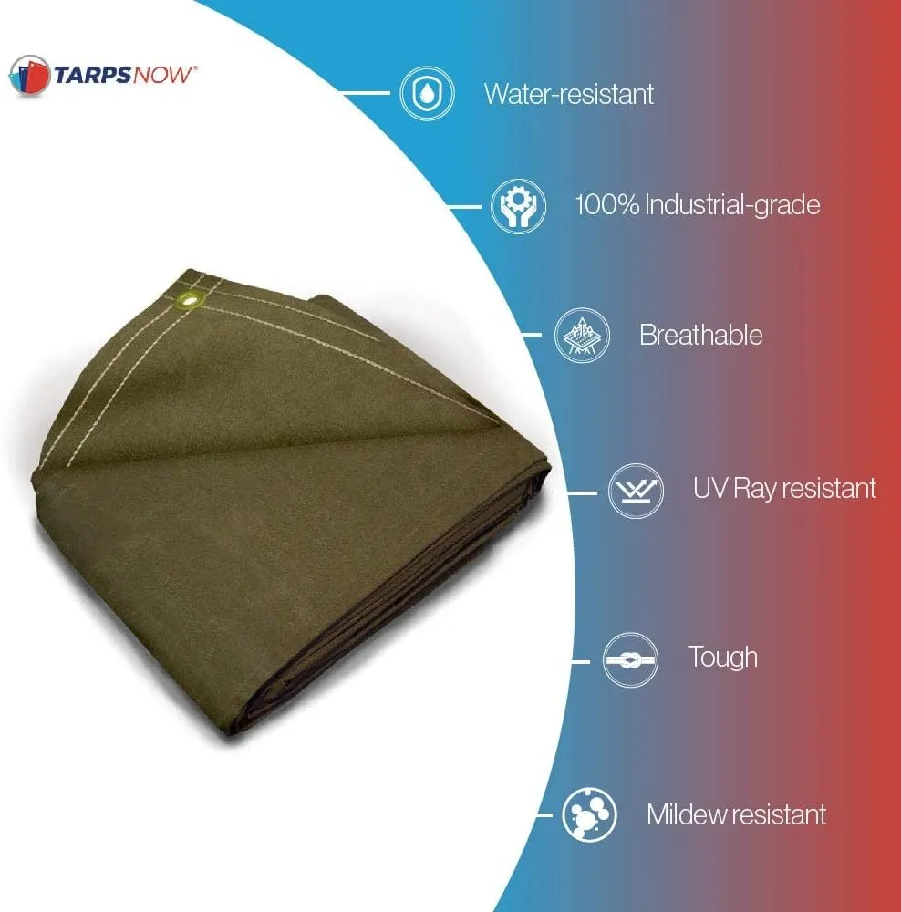 Tarps Now 10x10 ft Heavy Duty Canvas Tarp | 20 MIL Commercial Grade, Tear Resistant, Reinforced Edges, Brass Grommets | Ideal for Construction, Trucking, Manufacturing, Automotive – Olive Color