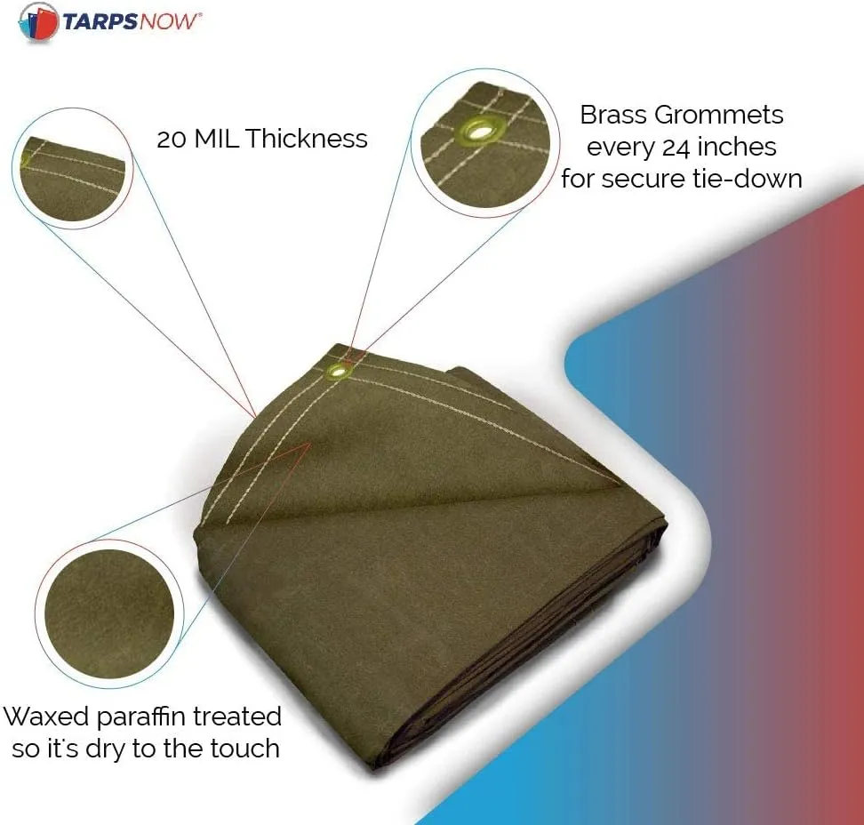 Tarps Now 10x10 ft Heavy Duty Canvas Tarp | 20 MIL Commercial Grade, Tear Resistant, Reinforced Edges, Brass Grommets | Ideal for Construction, Trucking, Manufacturing, Automotive – Olive Color