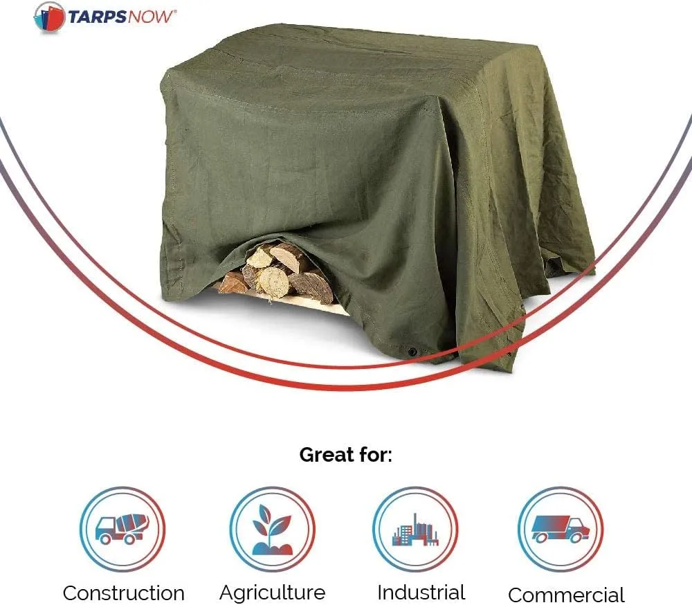 Tarps Now 10x10 ft Heavy Duty Canvas Tarp | 20 MIL Commercial Grade, Tear Resistant, Reinforced Edges, Brass Grommets | Ideal for Construction, Trucking, Manufacturing, Automotive – Olive Color