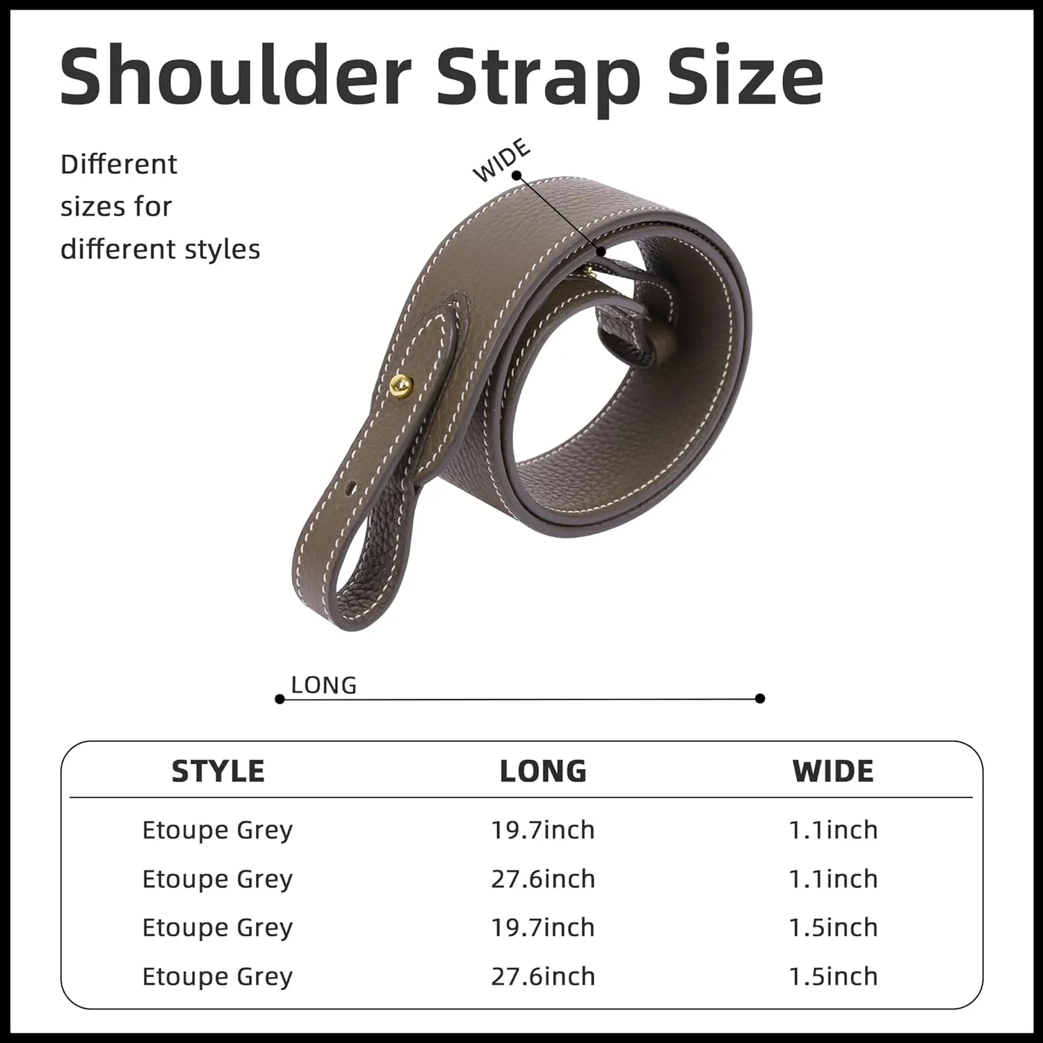 TC Leather Strap for Hermes Picotin/Lindy/Evelyne bag, Multi length Handmade Cowhide Crossbody Purse Strap for Handbag【27.6inch long, 1.5inch wide, Etoupe Grey (Gold Studs)】