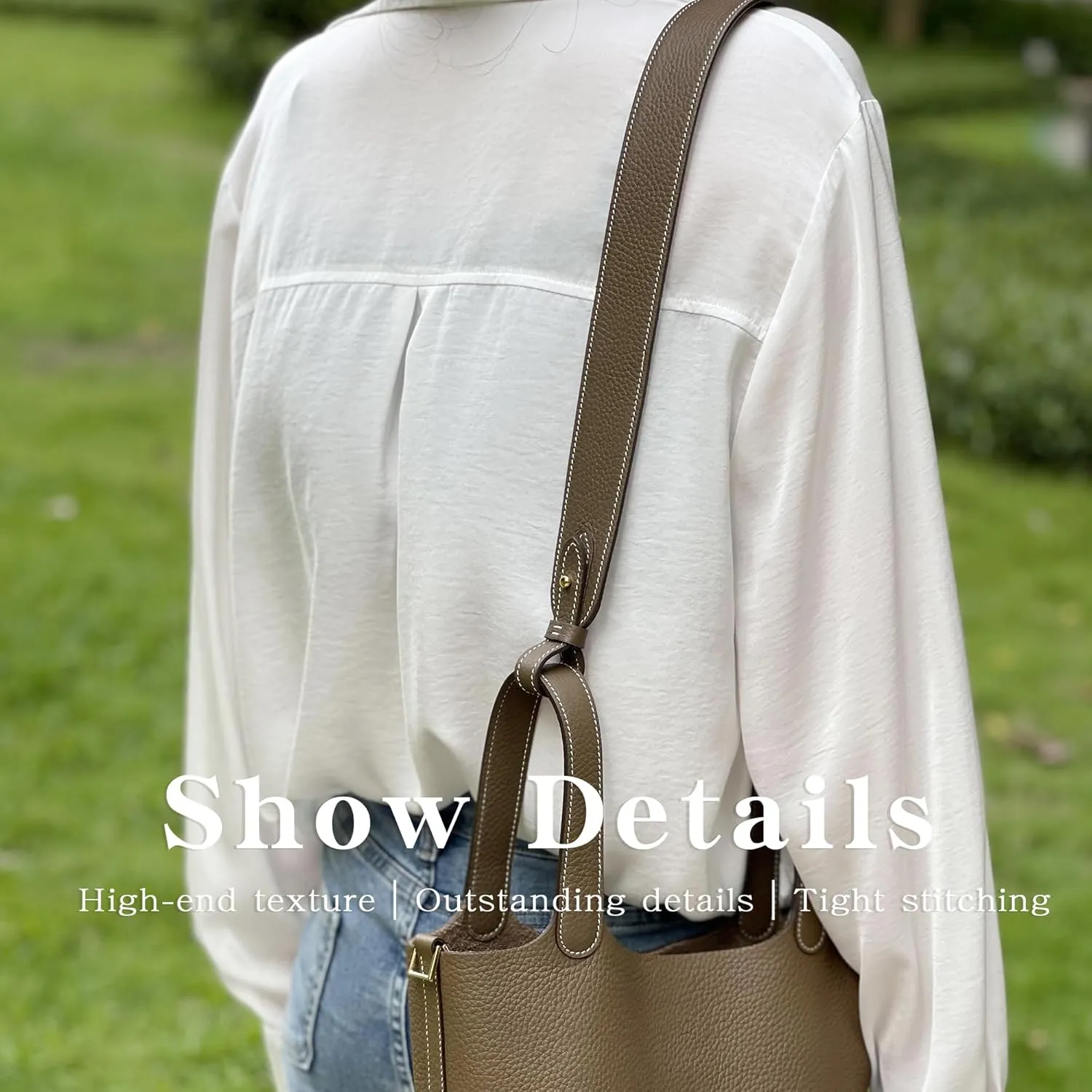 TC Leather Strap for Hermes Picotin/Lindy/Evelyne bag, Multi length Handmade Cowhide Crossbody Purse Strap for Handbag【27.6inch long, 1.5inch wide, Etoupe Grey (Gold Studs)】