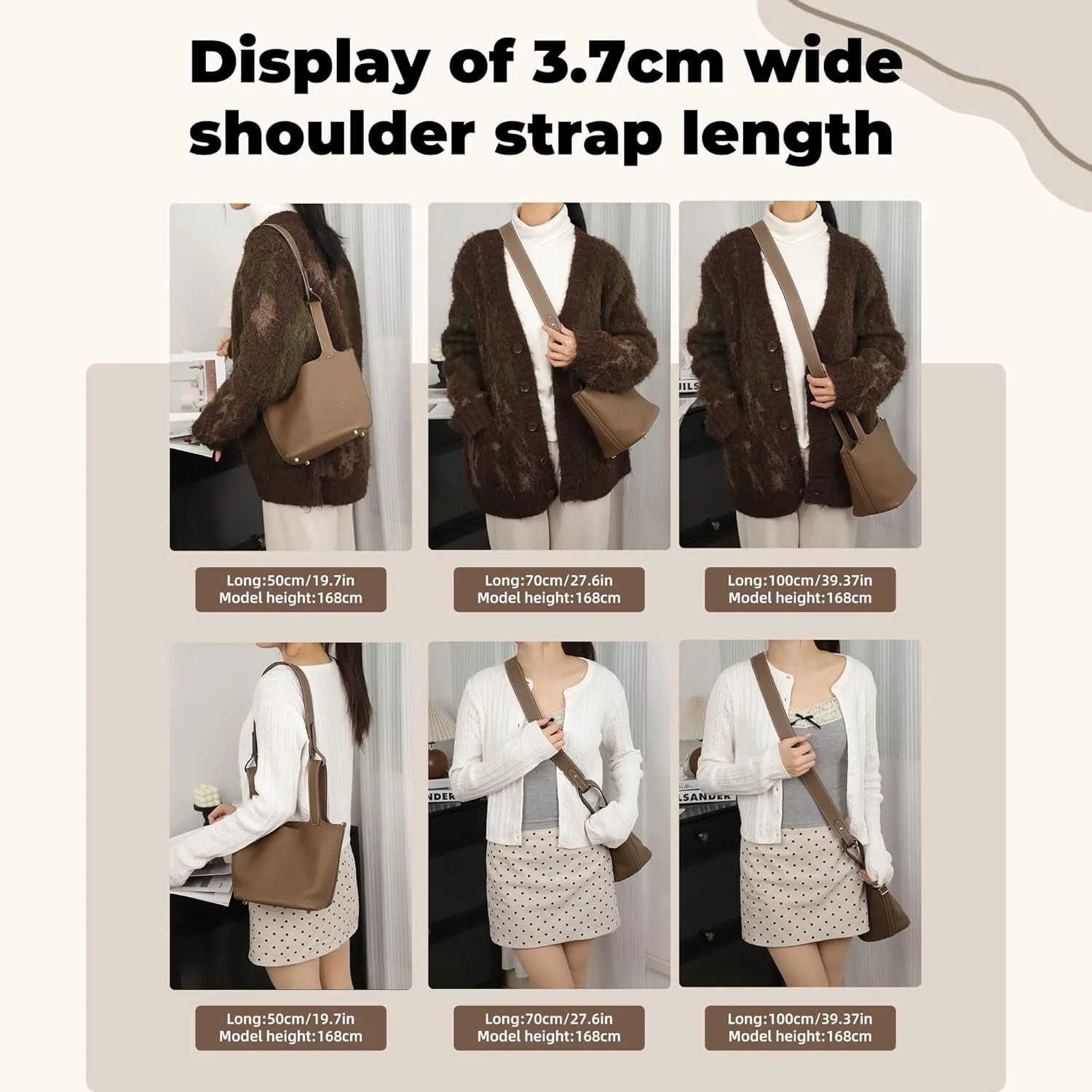 TC Leather Strap for Hermes Picotin/Lindy/Evelyne bag, Multi length Handmade Cowhide Crossbody Purse Strap for Handbag【27.6inch long, 1.5inch wide, Etoupe Grey (Gold Studs)】