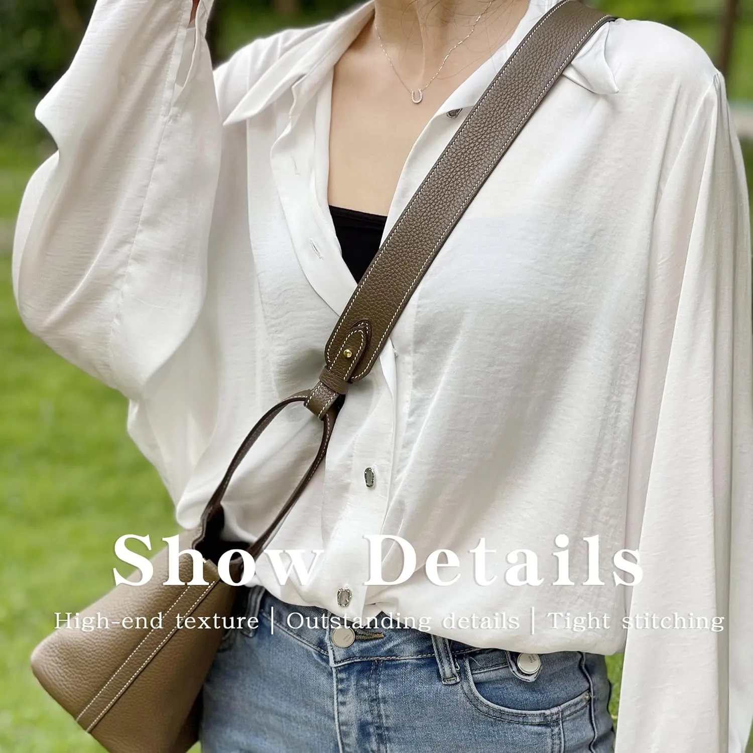 TC Leather Strap for Hermes Picotin/Lindy/Evelyne bag, Multi length Handmade Cowhide Crossbody Purse Strap for Handbag【27.6inch long, 1.5inch wide, Etoupe Grey (Gold Studs)】