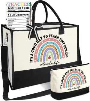 Teacher Appreciation Bags - Large Canvas Tote with Makeup Bag for Women, Perfect for Teacher's Day & Graduation Gifts
