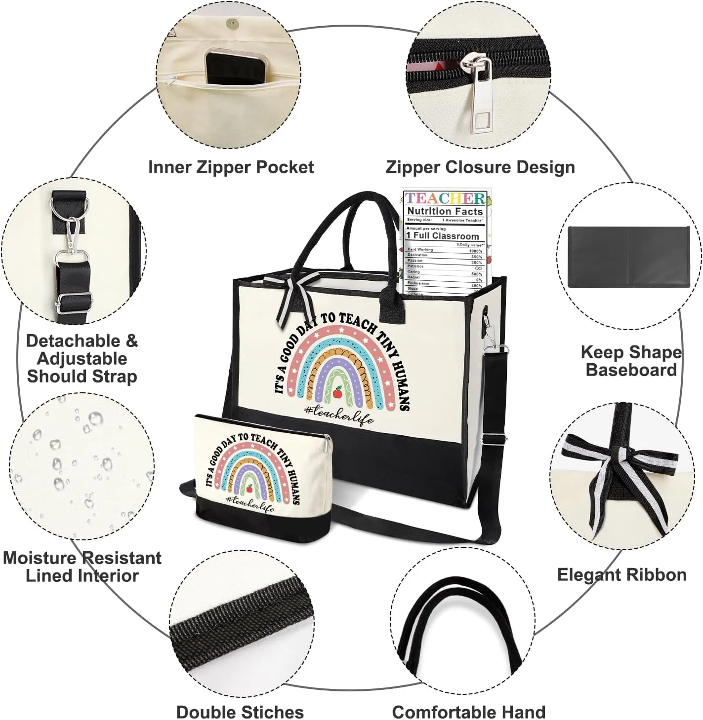 Teacher Appreciation Bags - Large Canvas Tote with Makeup Bag for Women, Perfect for Teacher's Day & Graduation Gifts