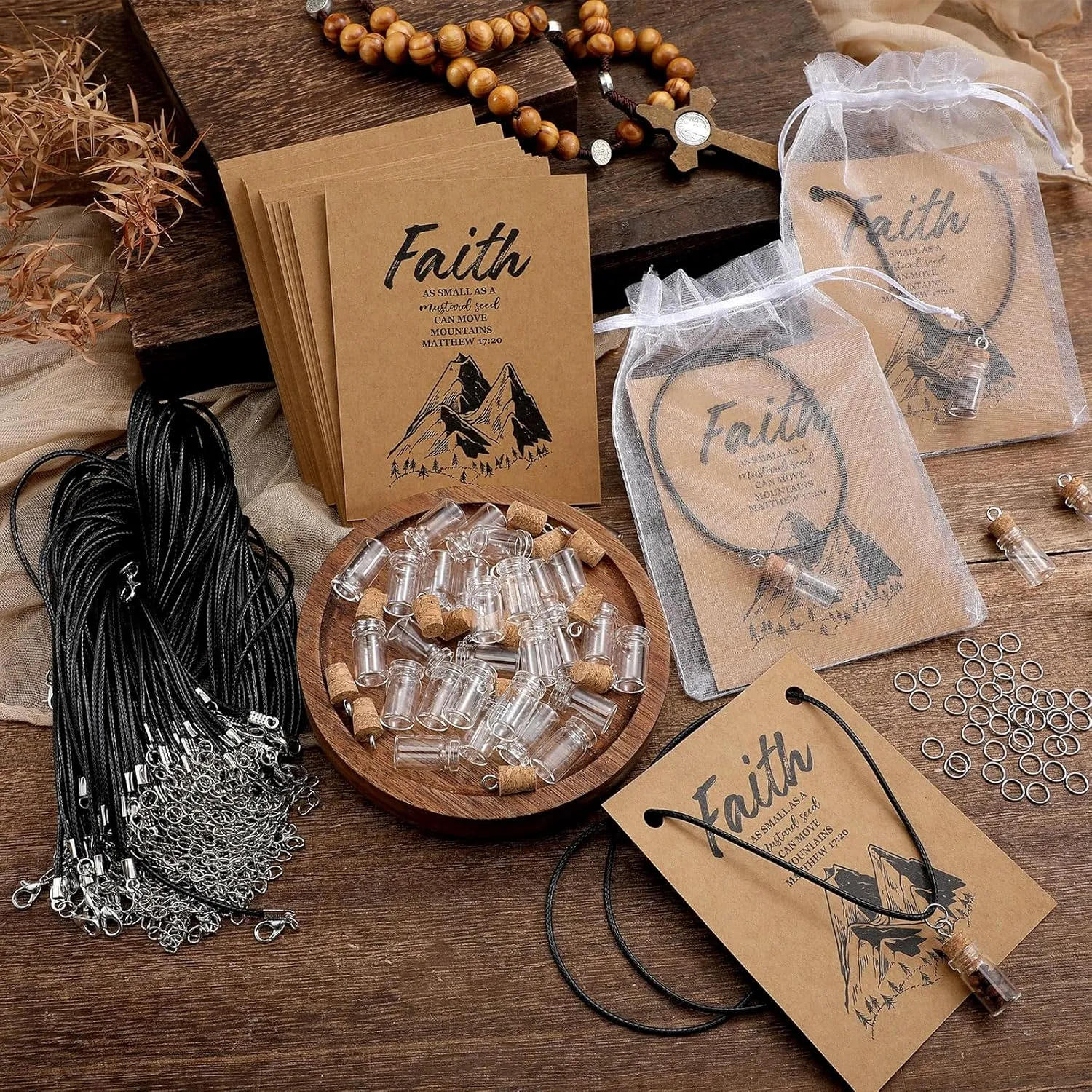 Teenyyou 50/100 Set Mustard Seed Faith Necklace Christian Gifts for Woman DIY 0.5ml Mini Glass Jars Craft Necklace with Christian Faith Cards Mother‘s Day Gifts, Without Mustard Seed(Classical,50)
