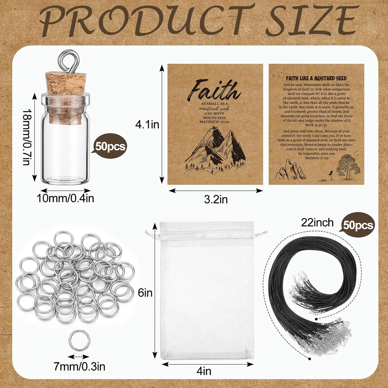 Teenyyou 50/100 Set Mustard Seed Faith Necklace Christian Gifts for Woman DIY 0.5ml Mini Glass Jars Craft Necklace with Christian Faith Cards Mother‘s Day Gifts, Without Mustard Seed(Classical,50)