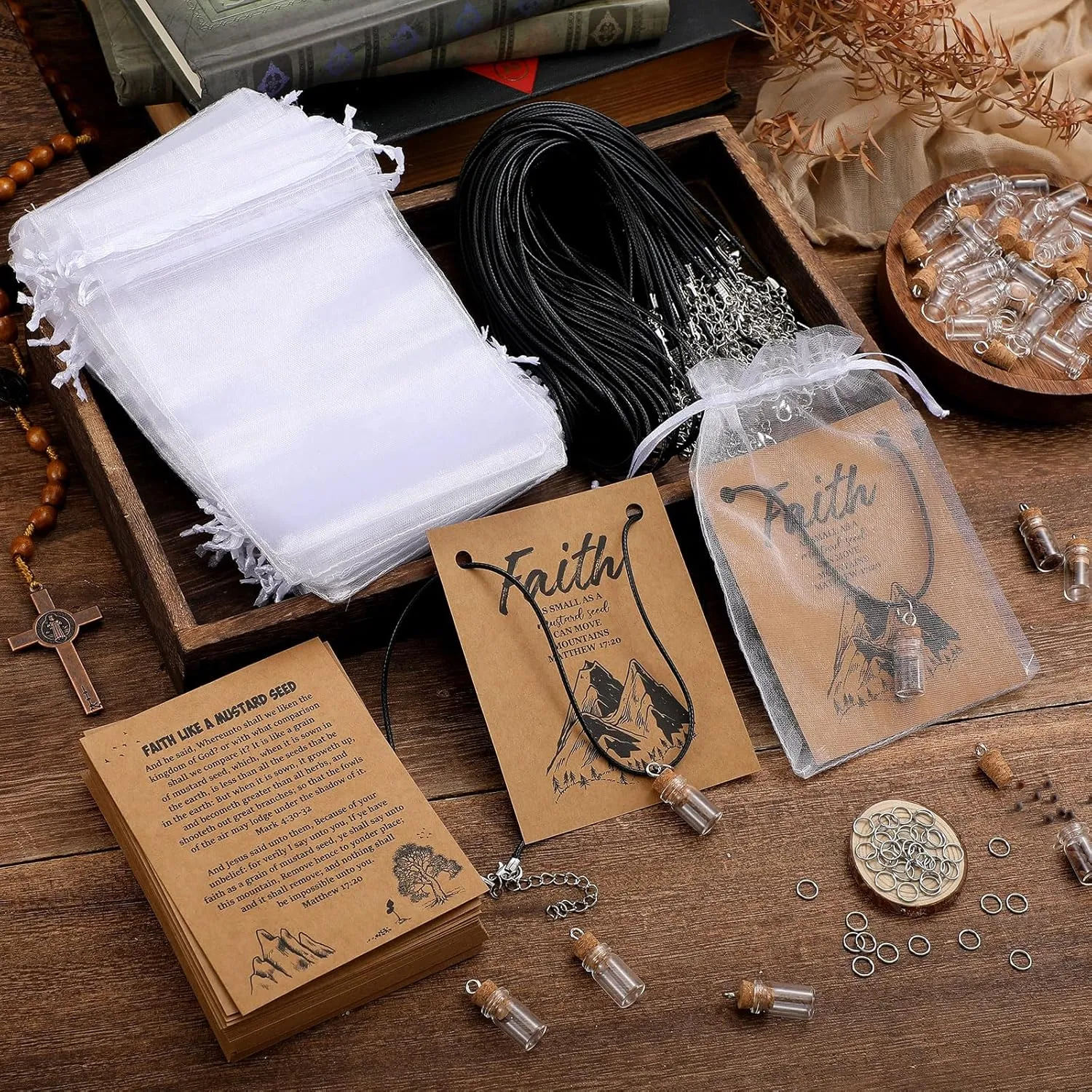 Teenyyou 50/100 Set Mustard Seed Faith Necklace Christian Gifts for Woman DIY 0.5ml Mini Glass Jars Craft Necklace with Christian Faith Cards Mother‘s Day Gifts, Without Mustard Seed(Classical,50)